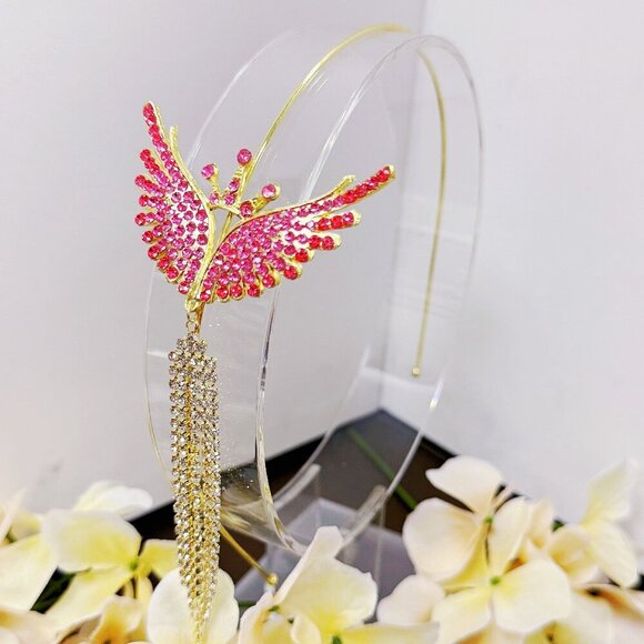Princess Headband, Crown Wing Headpiece, Pink Crystal Headband, Gold Headband - Picture 1 of 8